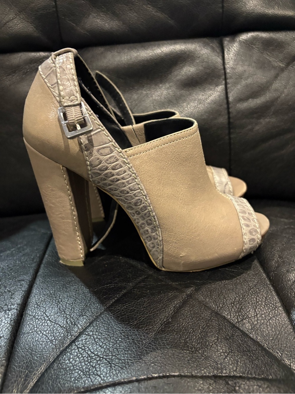 BCBGMaxAzria Taupe Peep-Toe Croc-Accent Block Heels